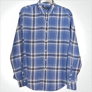 Polo Ralph Lauren Linen Plaid Button Down Shirt Men's XL Blue White Chambray